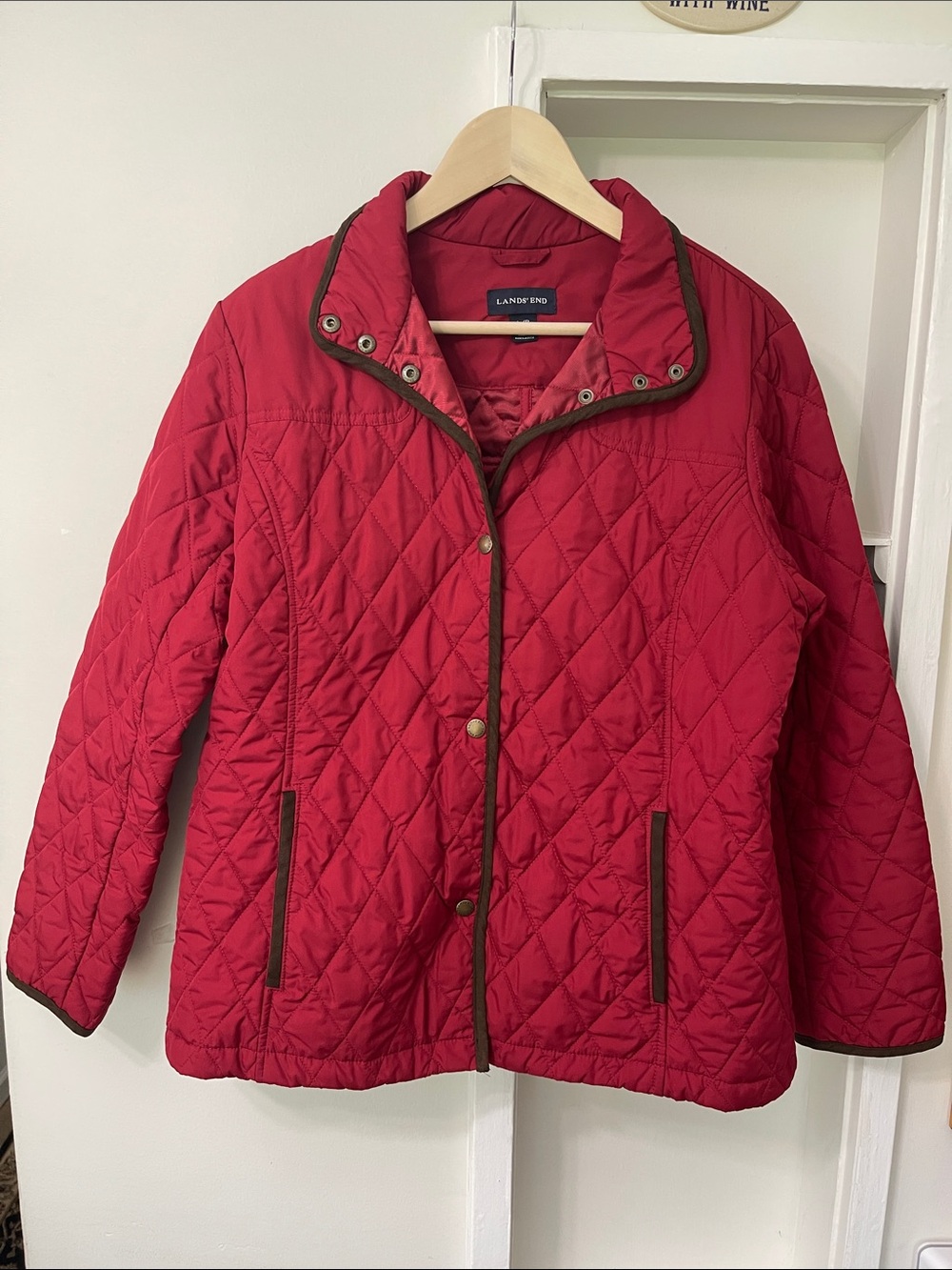 Lands’ End Cranberry Red Diamond Quilted Barn Jacket, Dark Brown Trim - Size L - Picture 15 of 16